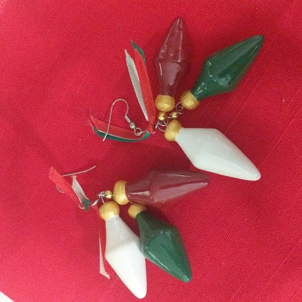 Wood Christmas lights Earrings Red White Green